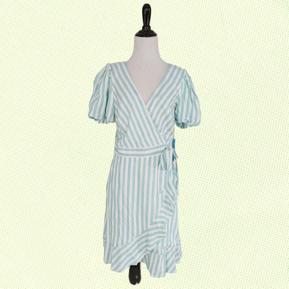 Draper James RSVP Wrap Dress S Green Stripe Linen Blend Puff Sleeve Ruffle